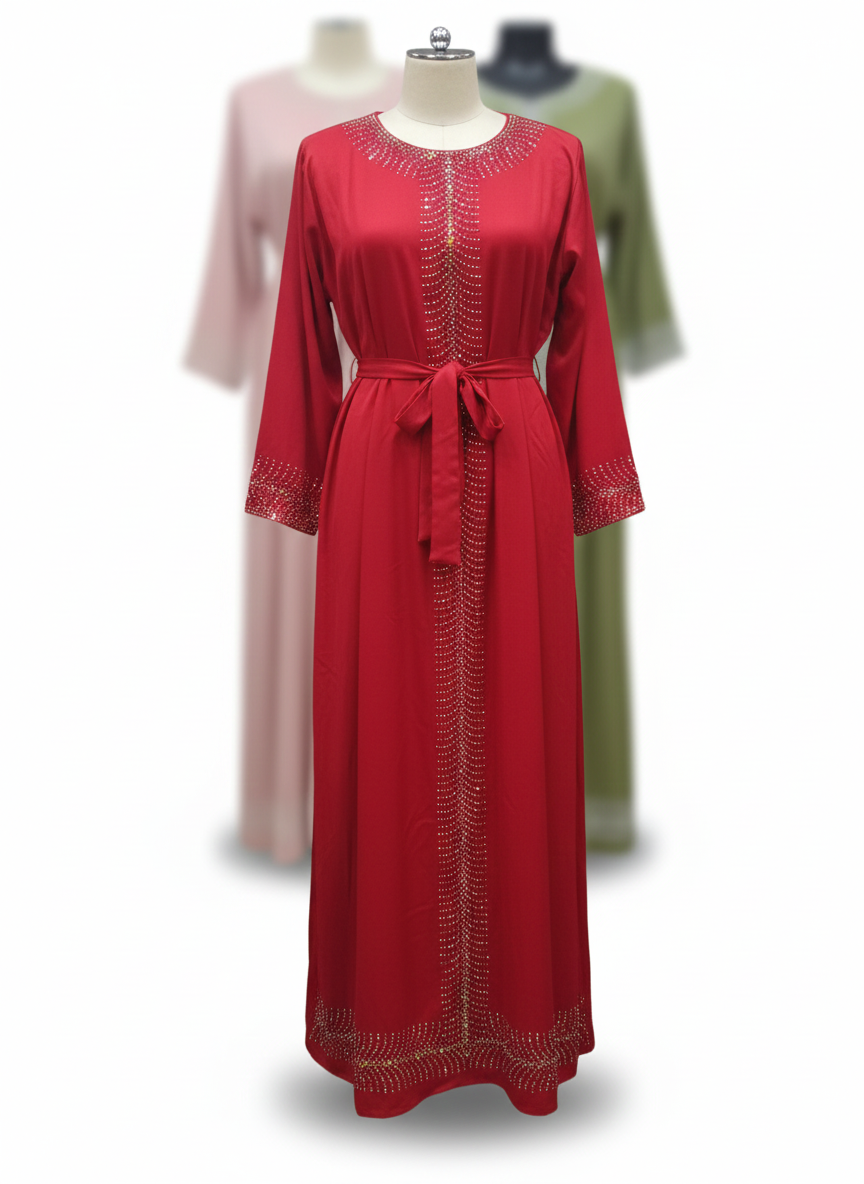 Elegant Red Abaya with Stone Detailing